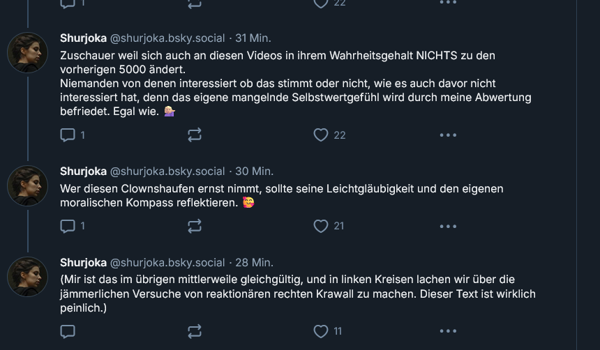 Liebe #Shurjoka, woher weißt du ob das mit KI geschrieben wurde? Und von welchen "linken Kreisen" träumst du? 
DU BIST NICHT LINKS!
Mal wieder Opferrolle durchgespielt! Wann Statement zu deinem Stasi-DC? Heute?