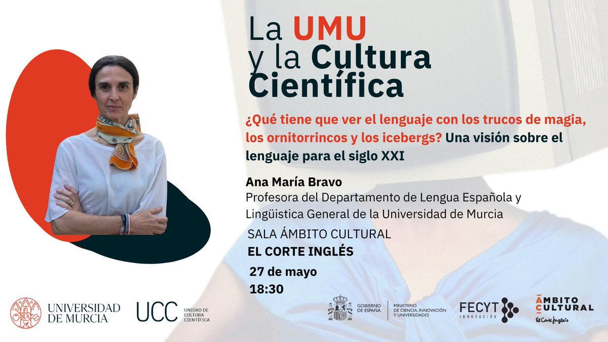 UMU Divulga (@umudivulga) on Twitter photo 🚨ES HOY, ES HOY🚨
¿Qué tiene que ver el lenguaje con los trucos de magia, los ornitorrincos y los icebergs?🧙♀️
📣Os recordamos que hoy es la última conferencia del ciclo de ponencias de La <a href="/UMU/">Universidad Murcia</a> y la Cultura Científica🤩
🔗👇
eventos.um.es/135010/detail/…
<a href="/FECYT_Ciencia/">FECYT</a> <a href="/CienciaGob/">Ministerio de Ciencia, Innovación y Universidades</a> 🚨ES HOY, ES HOY🚨
¿Qué tiene que ver el lenguaje con los trucos de magia, los ornitorrincos y los icebergs?🧙♀️
📣Os recordamos que hoy es la última conferencia del ciclo de ponencias de La <a href="/UMU/">Universidad Murcia</a> y la Cultura Científica🤩
🔗👇
eventos.um.es/135010/detail/…
<a href="/FECYT_Ciencia/">FECYT</a> <a href="/CienciaGob/">Ministerio de Ciencia, Innovación y Universidades</a>