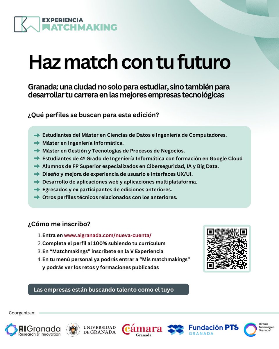 AIGranadaFund's tweet photo. 📢 Ya está abierta la inscripción a la V ed Matchmaking Talento–Empresa, que se celebrará el 4 de julio en formato 100 % online

Iniciativa coorganizada por @AIGranadaFund, @CanalUGR, @CCGranada, @CirculoTG y @FundacionPTS

Info e inscripciones en: https://t.co/XbfyP8zUyn https://t.co/dWFYMNI59n