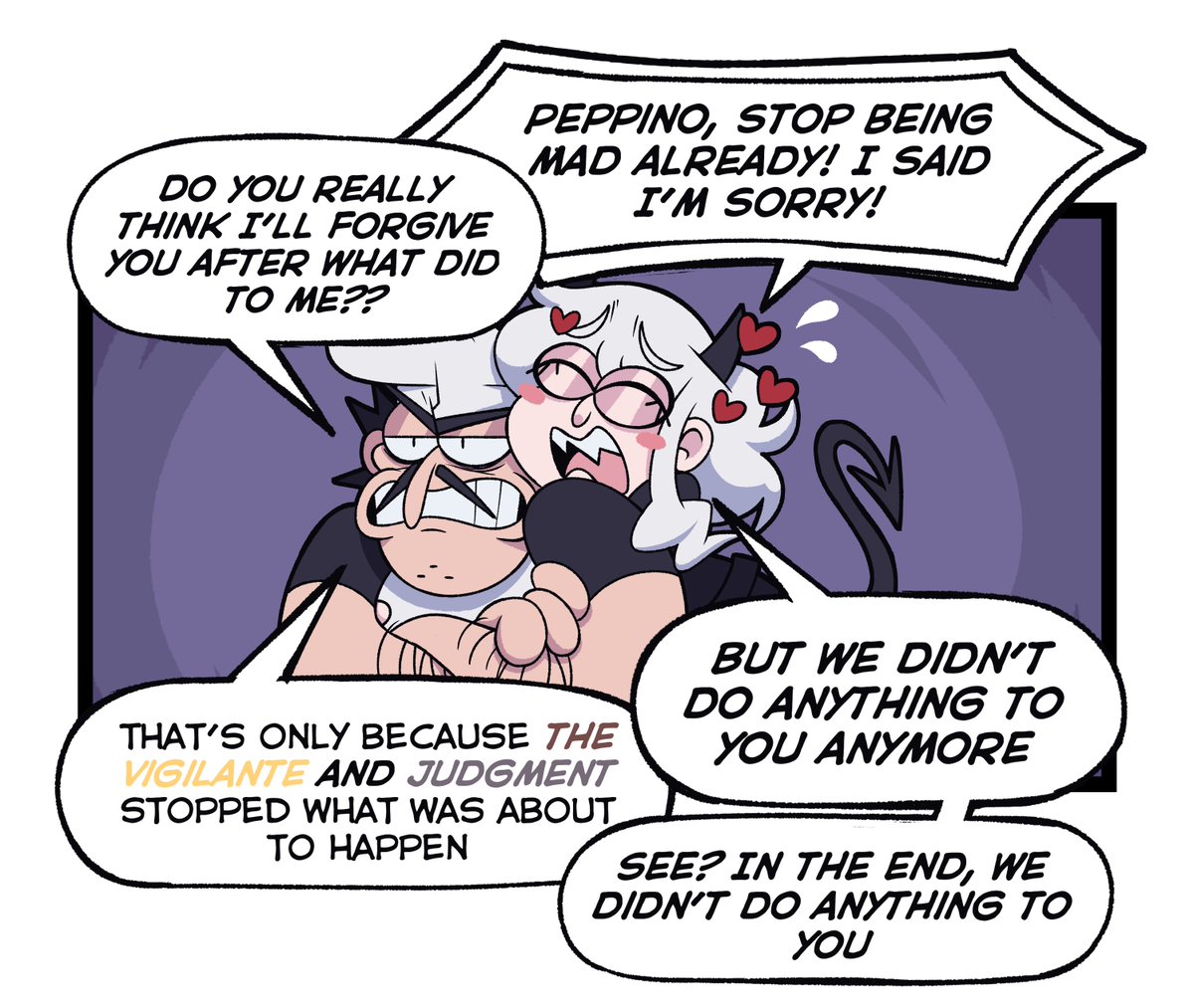PIZZATAKERGUY's tweet photo. I just realized I’ve barely drawn Peppino and Modeus smooching, so I made this comic to continue the story from the last one haha

#pizzatower #Helltaker #pizzataker https://t.co/Tlqe7xk6Of