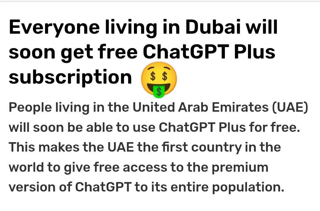 Wow! Dubai Residents Get ChatGPT Plus for FREE 🇦🇪✨

100% FREE. No catch. No payment. 🤯

AI magic at your fingertips! 🔥

Jealous yet? 👀

#ChatGPT