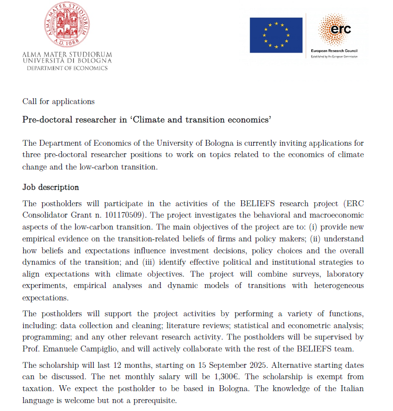 emacampiglio's tweet image. Please share!
Three pre-doc positions at the @DSE_Unibo in 'Climate and transition economics'. The deadline for application is 20 June, 2025. More info and application forms available here: lnkd.in/d9guHnk2 @Unibo @EIEEorg