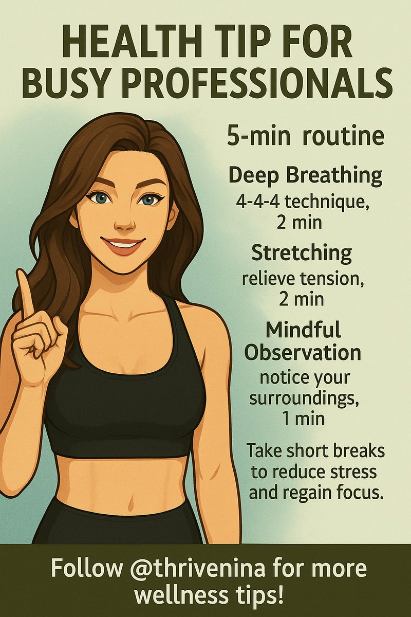🧠 Quick Mental Recharge for Busy Professionals

Feeling overwhelmed during your workday? 

Try this 5-minute routine:

Deep Breathing: 

Stretching: 

Mindful Observation: 

Follow <a href="/thrivenina/">Nina Thrive</a> for more wellness tips!

#MentalWellness #ProductivityBoost #ThriveninaTips