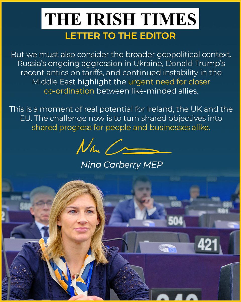Nina Carberry MEP (@ninacarberry) on Twitter photo In my letter to <a href="/IrishTimes/">The Irish Times</a>, I highlighted how encouraging it is to see positive energy & goodwill finally translate into a concrete step forward in the UK-EU relationship. The real challenge now is to turn those objectives into meaningful progress for people & businesses alike. In my letter to <a href="/IrishTimes/">The Irish Times</a>, I highlighted how encouraging it is to see positive energy & goodwill finally translate into a concrete step forward in the UK-EU relationship. The real challenge now is to turn those objectives into meaningful progress for people & businesses alike.