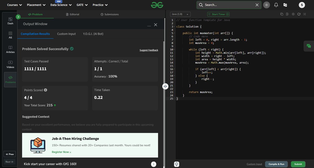 sapfire955's tweet image. 📜 Day 60 of #gfg160
Conquered “Container With Most Water” 🧱💧
Went full throttle with Two Pointers ➡️⬅️
Calculated width × min height = max H2O trapped 🧠
Efficient, elegant & O(n) swift ⚡
Cheers @geeksforgeeks 🙌
#JavaMode 🚀 #geekstreak2025 #dsa #twopointers #gfg