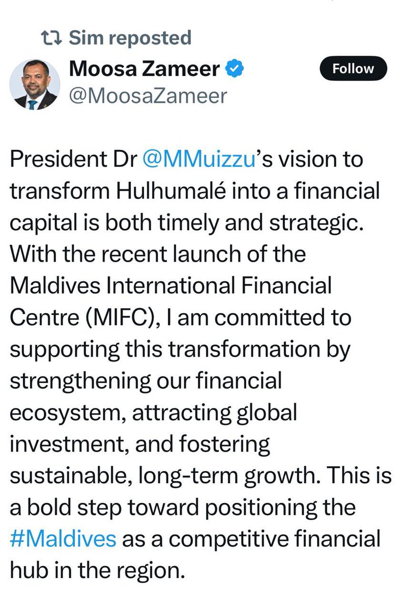 Isnt it a vision of <a href="/MMuizzu/">Dr Mohamed Muizzu</a> to build a glass tunnel to rasmale’? Achievable?? Shouldnt it be 1st priority to pay for the pvt company’s which the goventment owe’s millions?? <a href="/MoosaZameer/">Moosa Zameer</a> <a href="/presidencymv/">The President's Office</a> <a href="/MMA_Maldives/">MMA</a> <a href="/mvpeoplesmajlis/">People's Majlis</a> <a href="/governmentmv/">Government of Maldives</a>