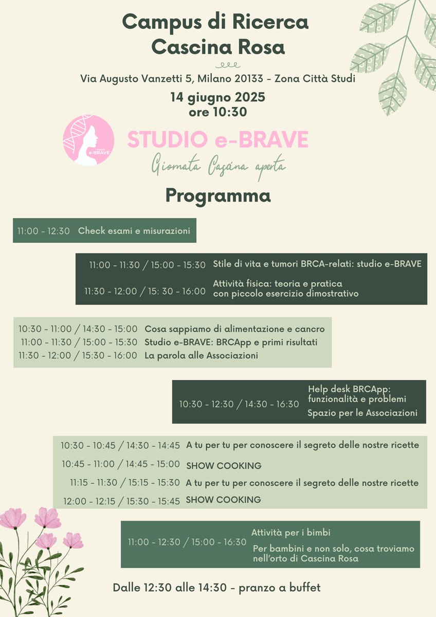 Cascina Rosa aperta (BRCA day) il 14 giugno 2025, dalle 10:30 alle 16:30! Una giornata per donne con mutazione BRCA e famiglie, con attività, clinici e Associazioni. Unisciti al progetto e-BRAVE, aumenta il reclutamento e rafforza la community!  #eBRAVE #CascinaRosa #BRCADay