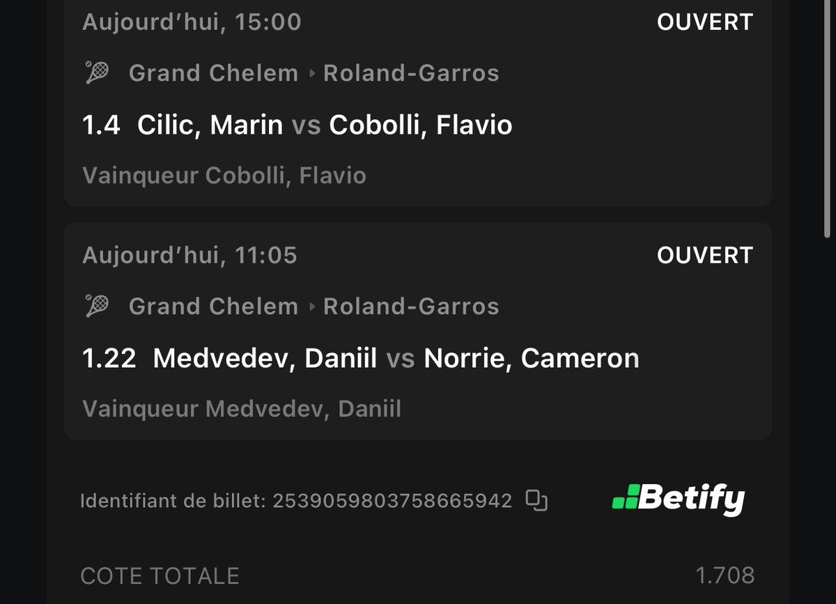 🏝️ Montante - Étape 1 🚀 avec <a href="/pronoking100/">tips king</a>

🎯 Cobolli 🇮🇹 + Medvedev 🇷🇺 @ 1,70 

🪜 50 -> 85€ ?

❤️‍🔥 Like si tu suis 

#TeamParieur