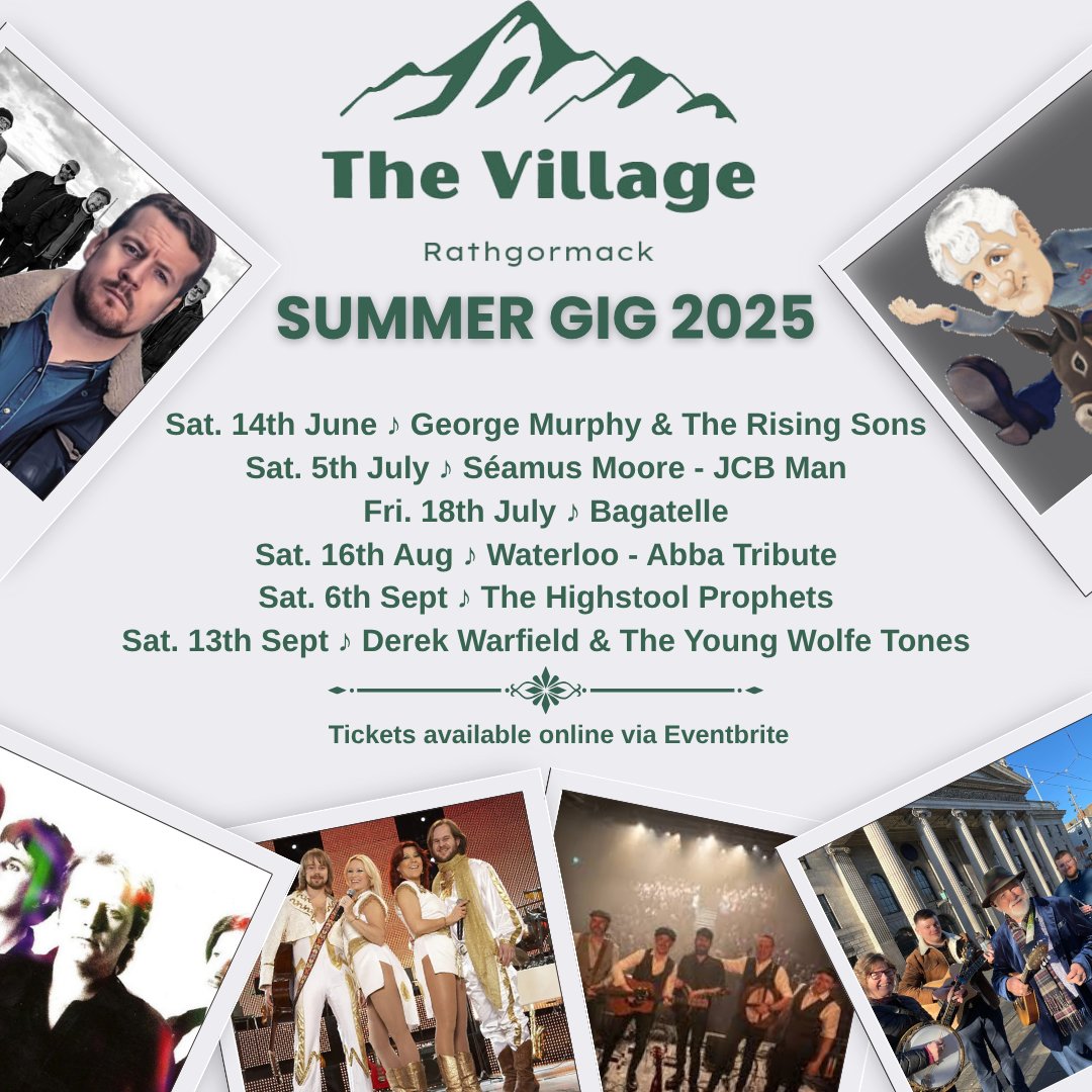 🎶 This Summer at The Village, Rathgormack – it’s all about LIVE MUSIC!
Get ready for 6 unmissable headline gigs, including:
✨ George Murphy &amp; The Rising Sons
🎸 Bagatelle
🍀 The Highstool Prophets 
🔥 It’s the ultimate summer music lineup you don’t want to miss.
📍Follow The