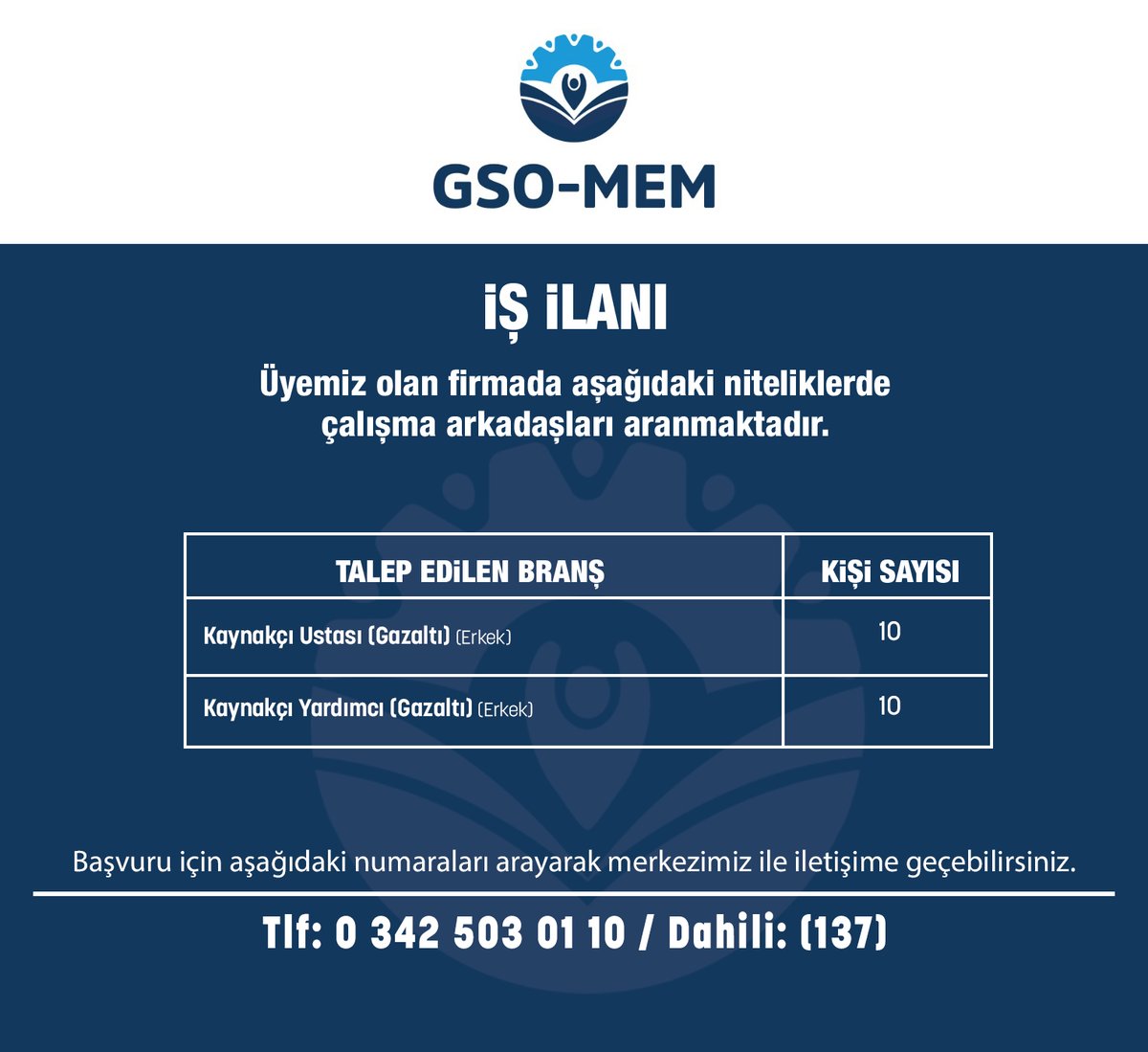 GSO-MEM (@gso_mem) on Twitter photo 📢 Üyemiz olan firmada görselde belirtilen niteliklerde çalışma arkadaşları aranmaktadır.
Başvuru için ⤵️
📞 0 342 503 01 10 - Dahili: (106-137) 📢 Üyemiz olan firmada görselde belirtilen niteliklerde çalışma arkadaşları aranmaktadır.
Başvuru için ⤵️
📞 0 342 503 01 10 - Dahili: (106-137)