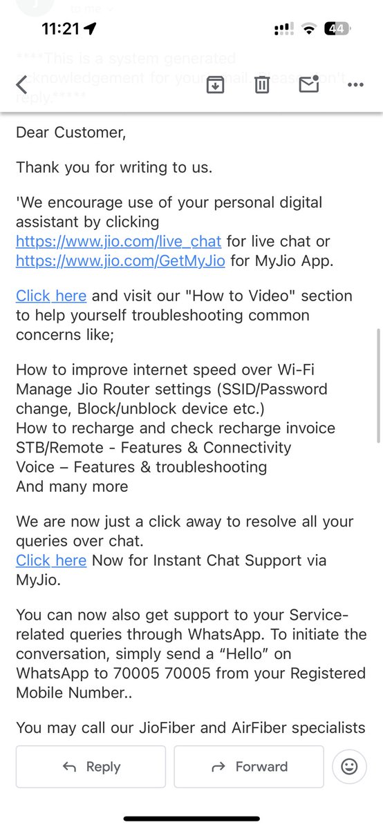 Pjha_21's tweet photo. I’ve tried reaching Jio via calls, emails &amp; every available mode, but no resolution. All I get is an automated Avaya message about “congestion in your area.” No callback, no real support. #JioFiber  @reliancejio @JioCare https://t.co/7QPKm3TRvo