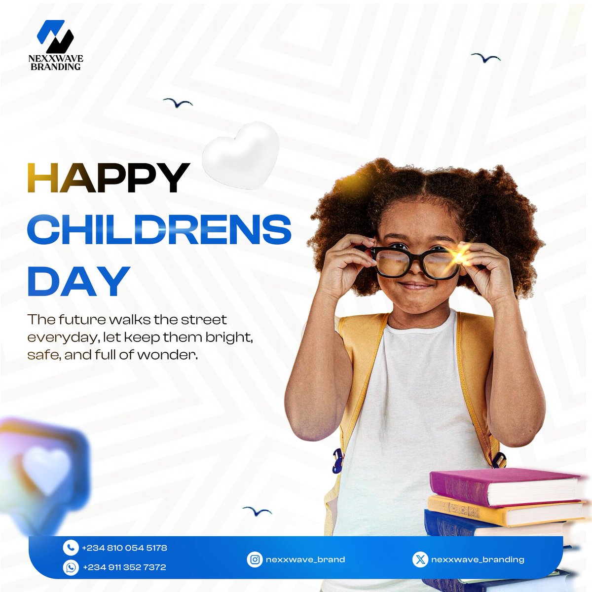 NexxwaveB's tweet photo. "Celebrating the joy of childhood this Children's Day! 🌟 Let's keep their dreams bright and their hearts full of wonder. 💖 #ChildrensDay #FutureLeaders #NexxwaveBranding" https://t.co/mZyOGW1xGw