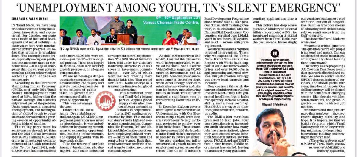 ‘Unemployment among youth, 
TN’s silent emergency.’ 

Our state’s youth face a crisis that demands urgent action, not silence. 

As I wrote: ‘We are witnessing a dangerous gap between aspiration and accountability. The tragedy isn't just the unemployment rate- It is the collapse