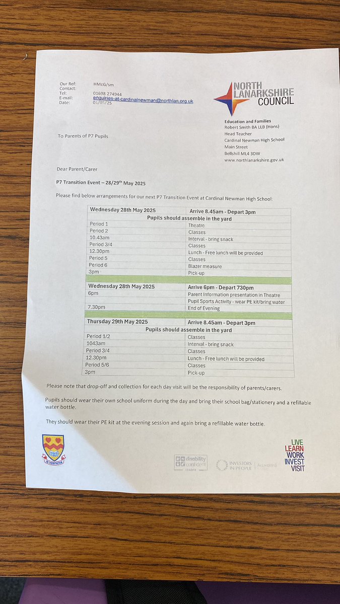 P7 have their two day visit to C.N.H.S. on Wednesday the 28th and Thursday the 29th of May. They should make their own way to and from school on these days. Good luck!