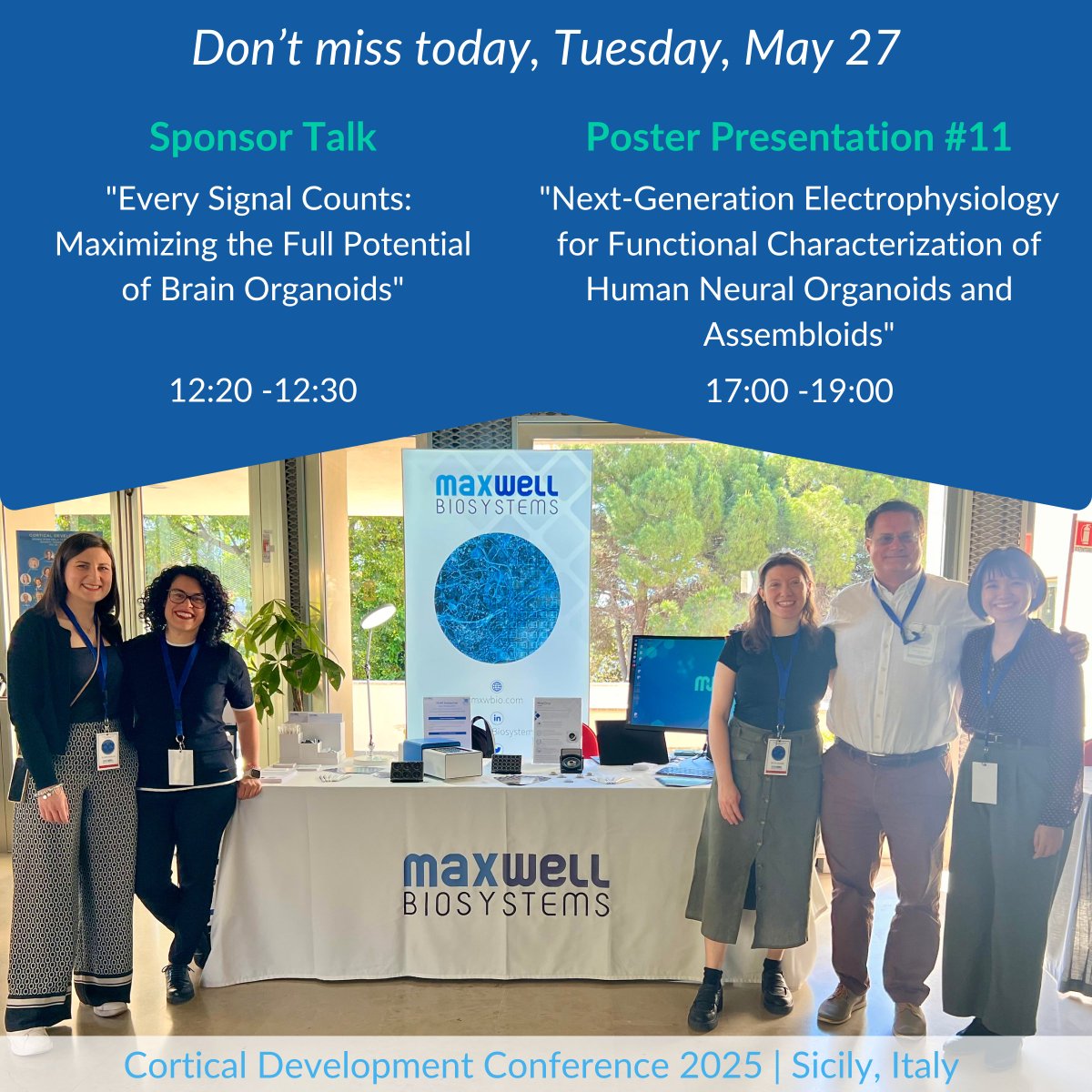 Greetings from the Cortical Development Conference 2025 in Sicily! 🌞

Join us today for two exciting activities:
🗣️ Sponsor Talk
🪧 Poster Presentation

Visit our booth to explore the latest in our technology and product updates. Our team is here and happy to chat about how our