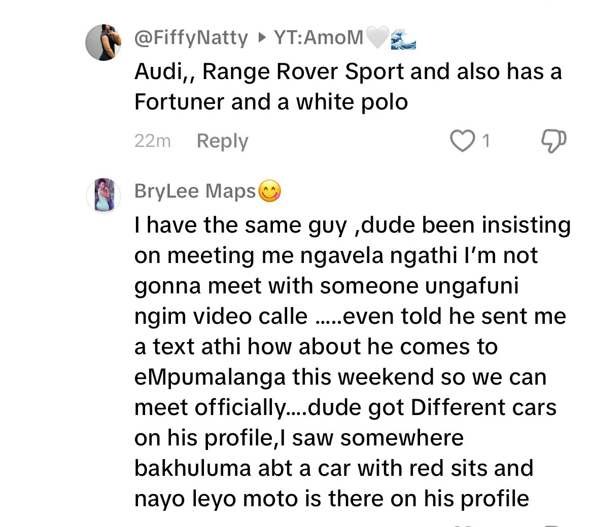 Apparently there’s a Brandon John on various dating apps who goes around insisting to meet and refuses to take video calls before y’all meet. Be careful. RIP Olerato Mongale