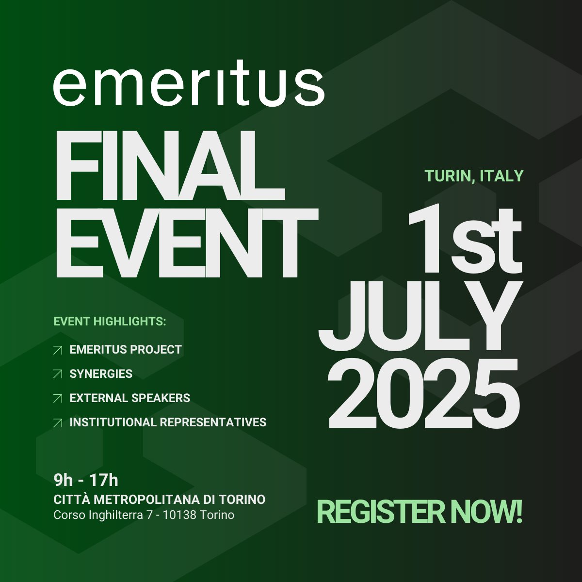 emeritus_EU (@emeritus_eu) on Twitter photo We are counting down to the final event of <a href="/emeritus_EU/">emeritus_EU</a>!
๐
1st July 2025 - Cittร Metropolitana di Torino
๐ Registration: ow.ly/ewXr50VFgf9
The full agenda will be shared very soon. We look forward to seeing you there!
#EnvironmentalProtection #Innovation #EUProject We are counting down to the final event of <a href="/emeritus_EU/">emeritus_EU</a>!
๐
1st July 2025 - Cittร Metropolitana di Torino
๐ Registration: ow.ly/ewXr50VFgf9
The full agenda will be shared very soon. We look forward to seeing you there!
#EnvironmentalProtection #Innovation #EUProject