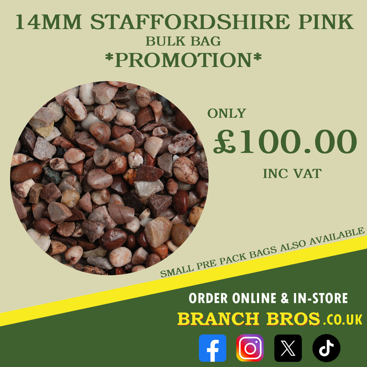 We stock Staffordshire Pink Bulk Bags and they are only £100 inc VAT!

✔ Ideal for driveways, rockeries and borders.
✔ Perfect for water features and ponds.

Order Online or In-Store Today!