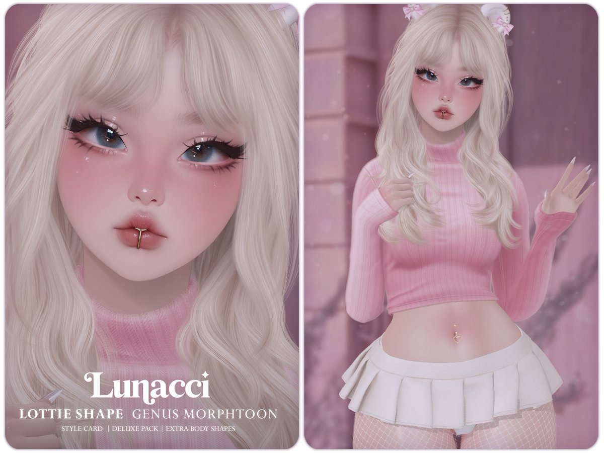 TTLunacci's tweet image. 🐇 Lottie Shape (Genus Morphtoon)

› style card + tips

› deluxe pack

› reborn, legacy, larax

› base eyes | works only with bom eyes.

› full body: i.ibb.co/ymjg52L4/Lotti…

📌 MARKETPLACE: marketplace.secondlife.com/stores/242306

🌟 SOCIAL MEDIA: linktr.ee/Lunacci