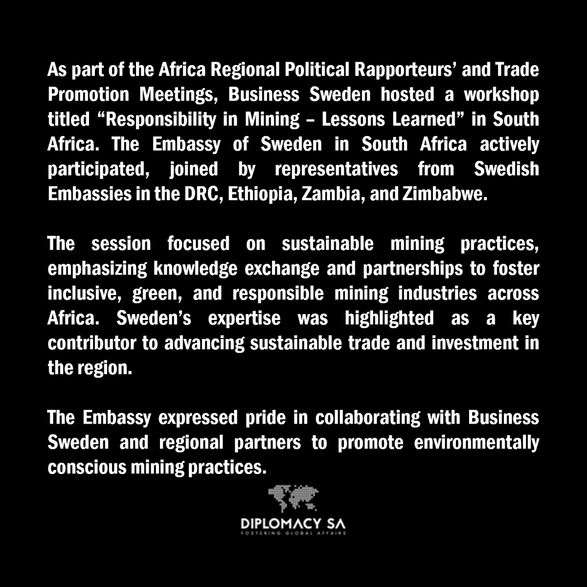 Diplomacy South Africa (@diplomacy_sa) on Twitter photo 🇸🇪 Sweden leads the way in sustainable mining at Business Sweden’s “Responsibility in Mining” workshop in SA! Joined by DRC, Ethiopia, Zambia & Zimbabwe embassies, the focus was on green, inclusive mining practices & partnerships. 🌍
📷 Embassy of Sweden in Pretoria <a href="/SwedeninSA/">SwedenInSA</a> 🇸🇪 Sweden leads the way in sustainable mining at Business Sweden’s “Responsibility in Mining” workshop in SA! Joined by DRC, Ethiopia, Zambia & Zimbabwe embassies, the focus was on green, inclusive mining practices & partnerships. 🌍
📷 Embassy of Sweden in Pretoria <a href="/SwedeninSA/">SwedenInSA</a>