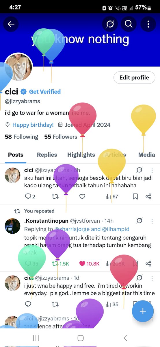 jizzyabrams's tweet image. lucu banget tiap buka profile ada balon hahahah 💗 guys sebenarnya aku sempet lupa hari ini aku ultah gara gara mikirin utbk ini 😮‍💨