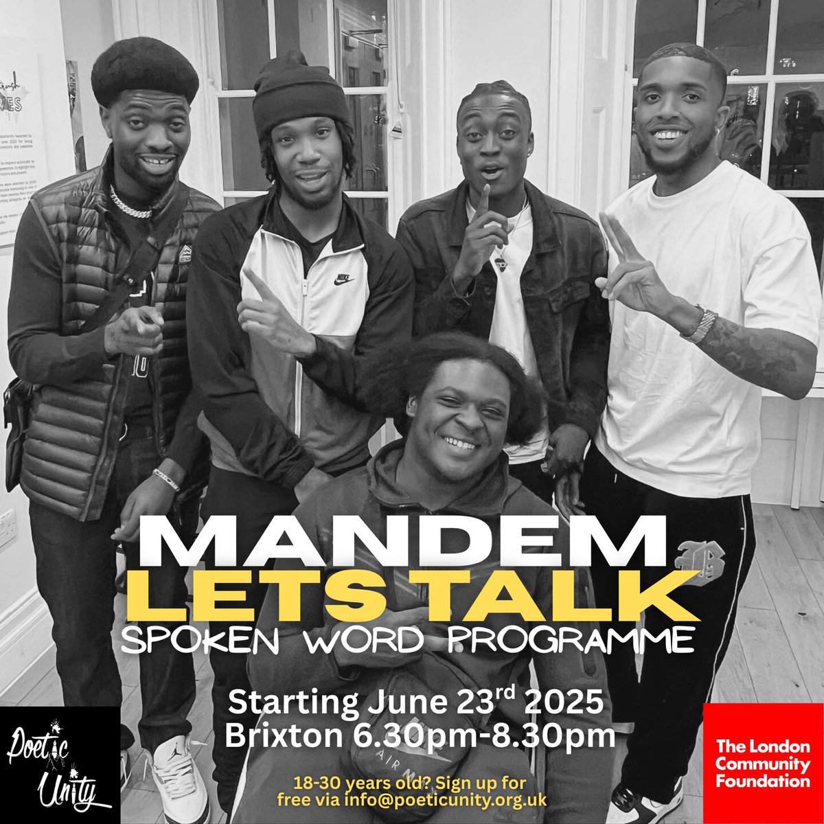 We are excited to bring back our Mandem, Lets Talk programme 🔥

The Mandem Lets Talk programme provides a supportive environment for young men to discuss challenges unique to the male experience. It fosters connection and the use of poetry as a powerful outlet for mental health