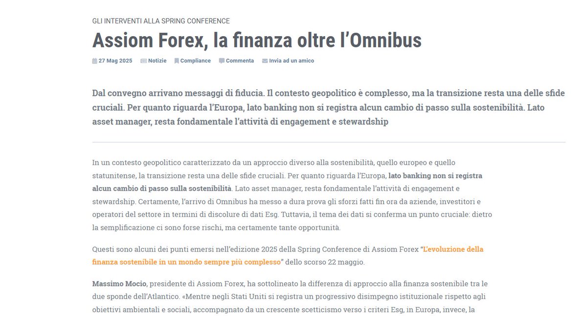 ETicaNews's tweet image. 📍 @ASSIOMFOREX, la #finanza oltre l’#Omnibus
➡️ Gli interventi alla #SpringConference
📰 Leggi l'articolo sul nostro sito: eticanews.it/assiom-forex-l…
#Europa #sostenibilità #engagement #stewardship #finanzaESG #finanzasostenibile #ESG