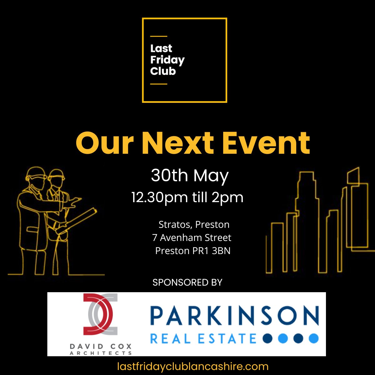 Don't forget to head down to Stratos in Preston this Friday for your northern property networking fix at the Last Friday Club. Jointly sponsored by @davidcoxarch and ourselves.

Really looking forward to catching up with colleagues - Bar open 12.30pm 🍻 hope to see you all there!