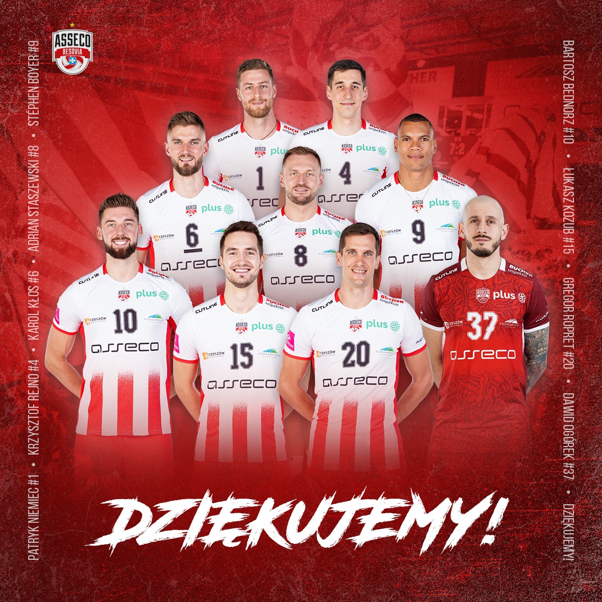 Karol Kłos, Stephen Boyer, Łukasz Kozub, Adrian Staszewski, Krzysztof Rejno, Bartosz Bednorz, Gregor Ropret, Patryk Niemiec, Dawid Ogórek odchodzą z Asseco Resovii.

Panowie, dziękujemy za reprezentowanie naszego klubu i życzymy dalszych sukcesów 🤝

🔗 assecoresovia.pl/2025/05/podzie…