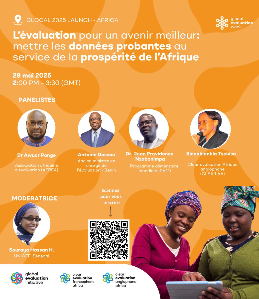 CLEAR Afrique francophone - CESAG (@clearfa_cesag) on Twitter photo 📢 Lancement du #gLOCAL2025, zone Afrique ! 📷 29 mai – 14h GMT 📷
Panelistes:
- <a href="/tweet_afrea/">African Evaluation Association</a>
-<a href="/WFP_FR/">PAM (WFP in French)</a>
- <a href="/UNICEF/">UNICEF</a>
- <a href="/CLEARAA1/">Clear Evaluation Anglophone Africa</a>
- <a href="/dossou_antonin/">Dossou antonin</a>
📷 En ligne – trad. FR/EN 📷
🔗Inscription: worldbankgroup.zoom.us/webinar/regist… 📢 Lancement du #gLOCAL2025, zone Afrique ! 📷 29 mai – 14h GMT 📷
Panelistes:
- <a href="/tweet_afrea/">African Evaluation Association</a>
-<a href="/WFP_FR/">PAM (WFP in French)</a>
- <a href="/UNICEF/">UNICEF</a>
- <a href="/CLEARAA1/">Clear Evaluation Anglophone Africa</a>
- <a href="/dossou_antonin/">Dossou antonin</a>
📷 En ligne – trad. FR/EN 📷
🔗Inscription: worldbankgroup.zoom.us/webinar/regist…
