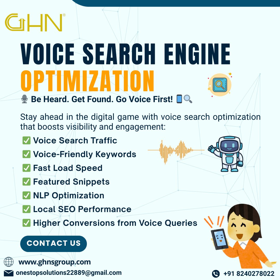 ghnsgroup's tweet image. 🔊 Voice Search Engine Optimization – Be Heard. Get Found. Go Voice First! 📱🎙️
✅ Voice-Friendly Keywords ✅ Fast Load Speed ✅ Featured Snippets
🌐 ghnsgroup.com 📧 onestopsolutions22889@gmail.com 📞 +91 8240278022
#VoiceSearch #VoiceSEO #VoiceOptimization #ghns
