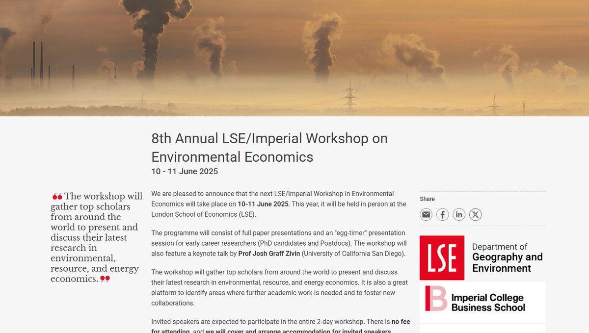 LSE Geography & Environment (@lsegeography) on Twitter photo ๐ข Register now for the 8th Annual LSE/Imperial Workshop in Environmental Economics! ๐
๐
10-11 June 2025
With <a href="/GRI_LSE/">Grantham LSE</a>, <a href="/ImperialBiz/">Imperial Business School</a> & the LSE Global School of Sustainability.
Keynote: <a href="/GraffZivin/">Joshua Graff Zivin</a>
<a href="/EugenieDugoua/">Eugenie Dugoua</a> <a href="/Gregor_Singer/">Gregor Singer</a>
๐ Register: zurl.co/lj8K2 ๐ข Register now for the 8th Annual LSE/Imperial Workshop in Environmental Economics! ๐
๐
10-11 June 2025
With <a href="/GRI_LSE/">Grantham LSE</a>, <a href="/ImperialBiz/">Imperial Business School</a> & the LSE Global School of Sustainability.
Keynote: <a href="/GraffZivin/">Joshua Graff Zivin</a>
<a href="/EugenieDugoua/">Eugenie Dugoua</a> <a href="/Gregor_Singer/">Gregor Singer</a>
๐ Register: zurl.co/lj8K2