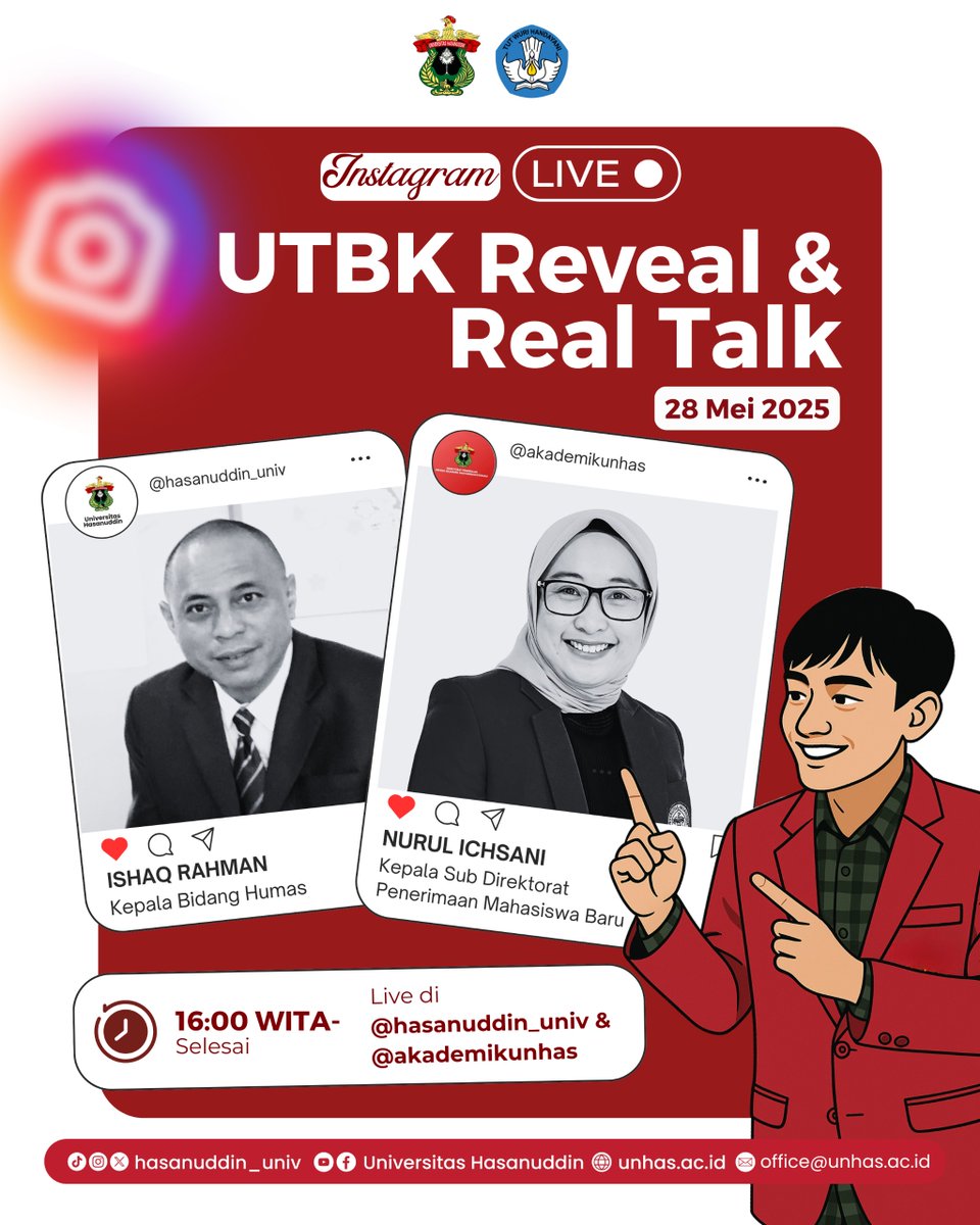 🚨 UTBK Reveal &amp; Real Talk is coming!
Siap-siap dapetin insight langsung soal hasil UTBK &amp; tips tembus Unhas! 

Bareng dua narasumber
🎤 Ishaq Rahman (Humas Unhas)
🎤 Nurul Ichsani (Kasubdit PMB)

Jangan cuma nonton, tapi ikut tanya juga ya!
#UTBK2025 #PMBUnhas #KampusMerah