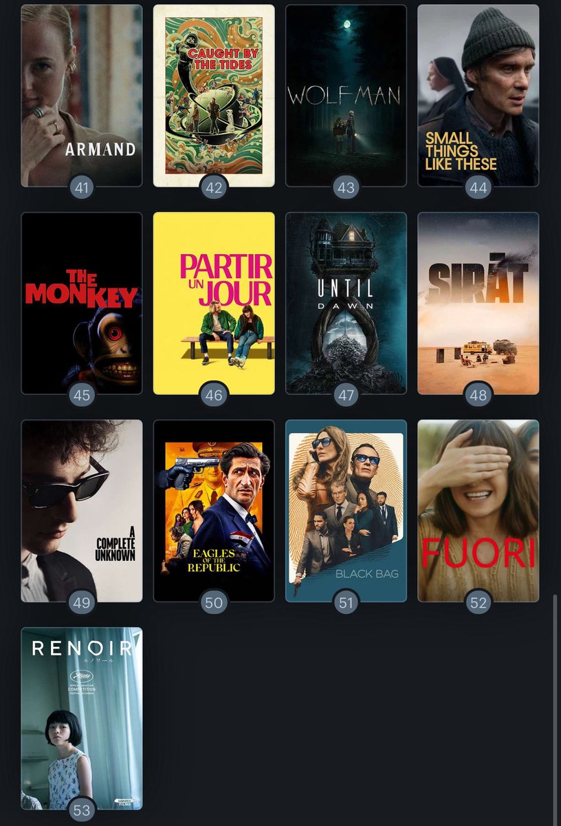 MimeOsen's tweet image. Sous réserve que Résurrection de Bi Gan sorte cet automne, auquel cas il sera le nº1 du classement, comme nous sommes à la moitié de l’année, voici mon top 50 des films sortis ou qui vont sortir au cinéma de 2025 sur Letterboxd 🎬