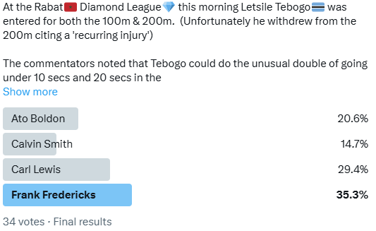 Fascinating result from the poll &amp; suggests Calvin Smith's legacy is somewhat forgotten 

At the first World Championships (Helsinki🇫🇮 1983) a 22-year-old Smith won 🥈100m🥇200m🥇4x100m

Two weeks later on 24th August 1983 at Weltkasse Zurich, Smith ran 9.97 (+1.6) &amp; 19.99 (+0.6)