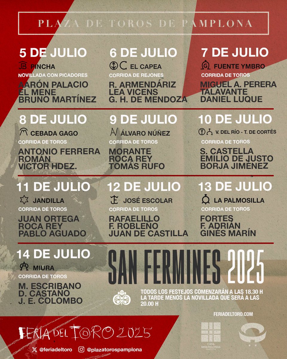 [📣 𝗖𝗔𝗥𝗧𝗘𝗟𝗘𝗦 𝗗𝗘 𝗦𝗔𝗡 𝗙𝗘𝗥𝗠𝗜𝗡] Del 5 al 14 de Julio ¡Vuelve el TORO! 🤟🏼🔥

💥 Presentadas las combinaciones de toreros y ganaderías actuantes en la 𝗙𝗲𝗿𝗶𝗮 𝗱𝗲𝗹 𝗧𝗼𝗿𝗼 𝟮𝟬𝟮𝟱 🔻

#FeriaDelToro #SanFermín