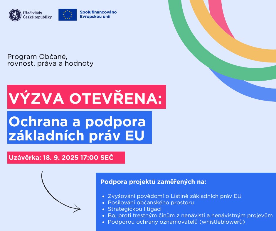 ⚖️Výzva Ochrana a podpora základních práv EU  OTEVŘENA!

🇪🇺program #CERV nabízí 18 milionů EUR na financování vašich projektů v rámci výzvy CHAR-LITI!  

⌛️Uzávěrka přihlášek: 18. září 2025, 17:00 SEČ

💡Více informací o výzvě a jak podat přihlášku zde: bit.ly/CharterLiti