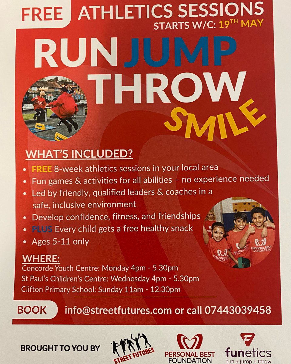 SportAtClifton's tweet photo. Sunday saw @CliftonPrim first @pbestfoundation athletics session with @FuturesStreet ! Great turnout. Check out the other sessions in Balsall Heath! @CliftonSGO @CliftonCoHead @SportBirmingham @BhamCityCouncil @BalsallHeathCF @stpaulstrust @ConcordCentre https://t.co/xWRZxLhPSq