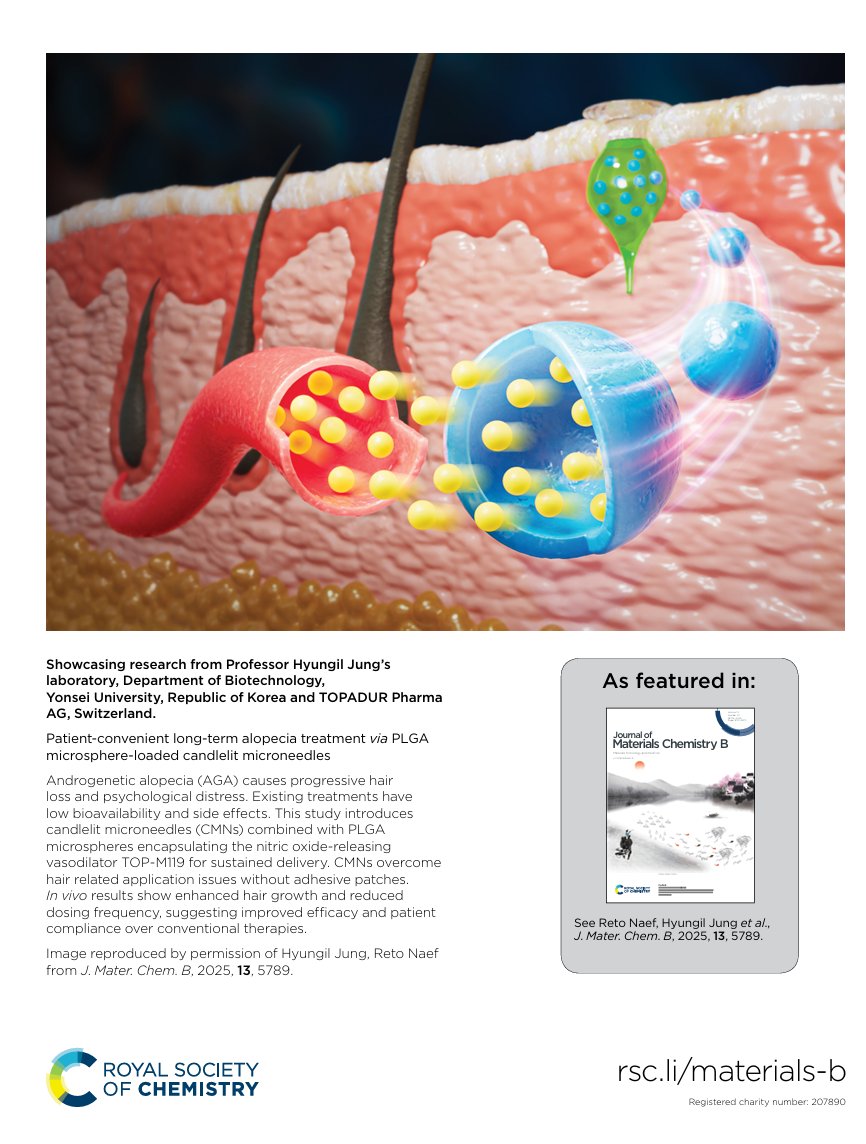 J. Mater. Chem. family (@jmaterchem) on Twitter photo Issue 20 for <a href="/JMaterChem/">J. Mater. Chem. family</a> B is available now!
Front cover: 'Patient-convenient long-term alopecia treatment via PLGA microsphere-loaded candlelit microneedles' by Reto Naef, Hyungil Jung et al.
Read their article here: doi.org/10.1039/D5TB00… Issue 20 for <a href="/JMaterChem/">J. Mater. Chem. family</a> B is available now!
Front cover: 'Patient-convenient long-term alopecia treatment via PLGA microsphere-loaded candlelit microneedles' by Reto Naef, Hyungil Jung et al.
Read their article here: doi.org/10.1039/D5TB00…
