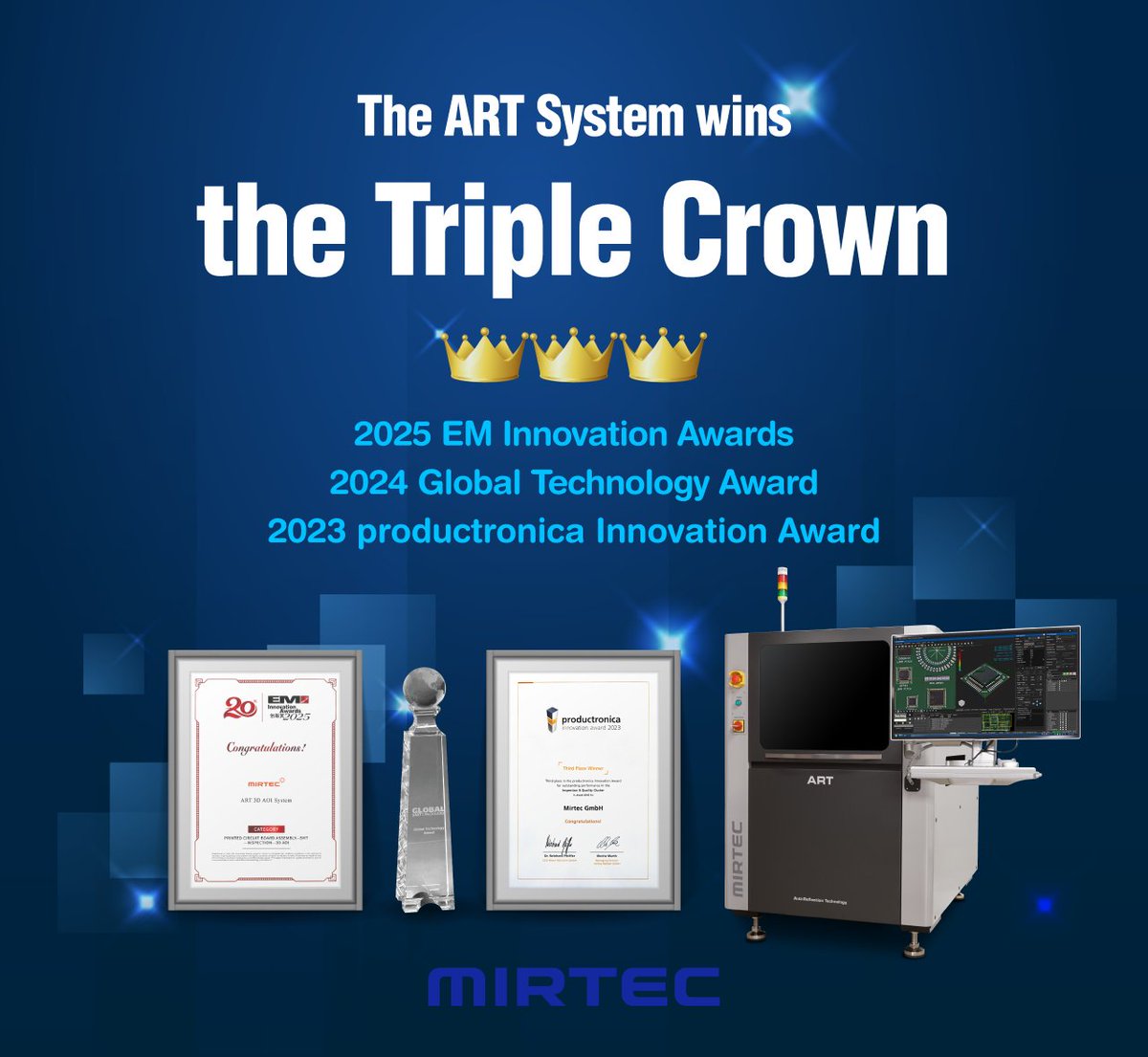 mirtecglobal's tweet photo. 🚀 Meet ART, MIRTEC's Triple Crown Winner, at #JPCA Show 2025!

MIRTEC's ART, designed for solder joint inspection, has won awards for three years in a row - 🏅2023 productronica Innovation Award, 🏅2024 Global Technology Award and 🏅2025 EM Innovation Awards. https://t.co/MvH9tRGCA9