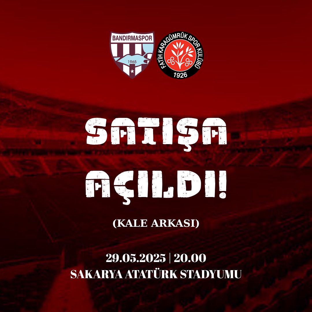 🎟 Satışa açıldı!

29 Mayıs Perşembe günü saat 20.00’da Karagümrük ile oynayacağımız Play-Off Finali karşılaşmasının kale arkası biletleri <a href="/passo_com_tr/">Passo</a> ’de satışta!

🛒 passo.com.tr/tr/etkinlik/ka…

#BANvFKG | #Bandırmaspor | #Kronikler