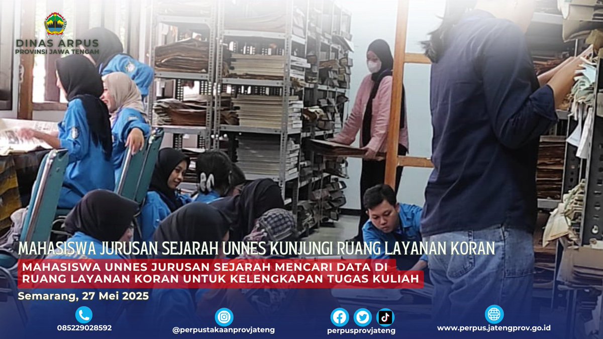 Perpusjateng's tweet photo. Selasa, 27 Mei 2025 sejumlah mahasiswa jurusan Sejarah Unnes kunjungi ruang layanan koran lama untuk cari data dukung perkuliahan mereka. Yuk yang mau penelitian dan melihat sejarah bisa loh di perpustakaan, kami tunggu di kunjungannya ya!
#salamliterasi
#perpusprovjateng https://t.co/9t7vdl0HQe
