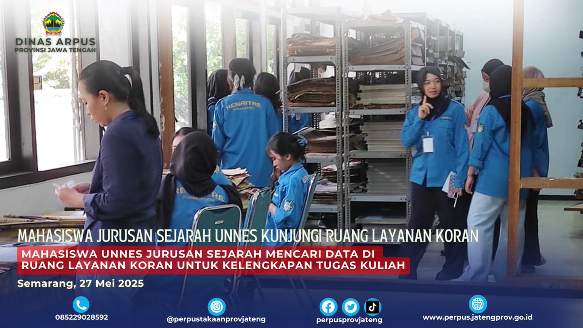 Perpusjateng's tweet photo. Selasa, 27 Mei 2025 sejumlah mahasiswa jurusan Sejarah Unnes kunjungi ruang layanan koran lama untuk cari data dukung perkuliahan mereka. Yuk yang mau penelitian dan melihat sejarah bisa loh di perpustakaan, kami tunggu di kunjungannya ya!
#salamliterasi
#perpusprovjateng https://t.co/9t7vdl0HQe