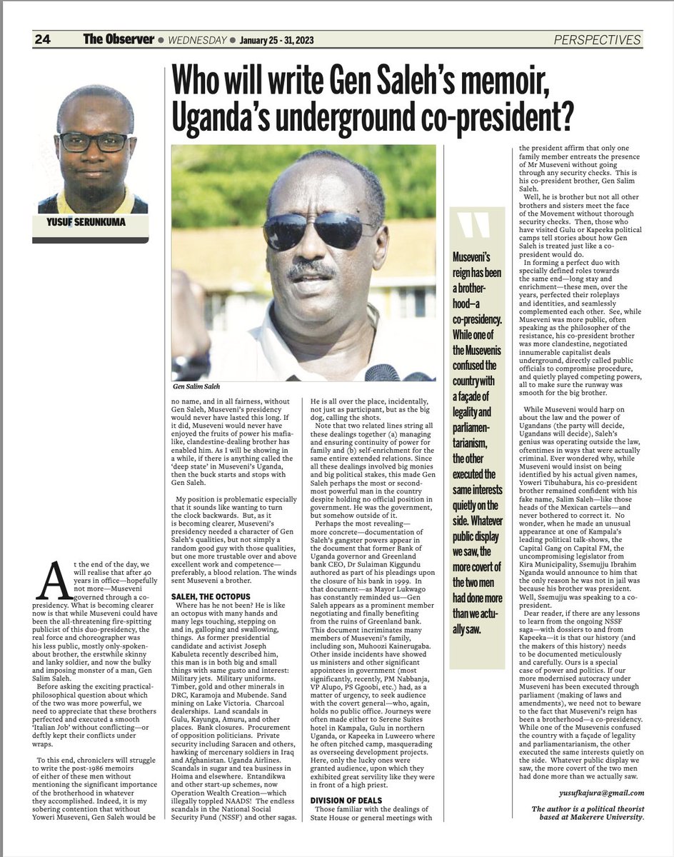 Yusuf Serunkuma🌹 (@yusufserunkuma) on Twitter photo When this article appeared in Jan 2023, there were angry ramblings in Saleh's camp about this scrawny columnist. Then an email capturing the entire thread dropped in my mailbox asking surrogates to "cease fire."
Dr <a href="/YahyaSseremba/">Yahya Sseremba</a> would explain to me that over & above my When this article appeared in Jan 2023, there were angry ramblings in Saleh's camp about this scrawny columnist. Then an email capturing the entire thread dropped in my mailbox asking surrogates to "cease fire."
Dr <a href="/YahyaSseremba/">Yahya Sseremba</a> would explain to me that over & above my