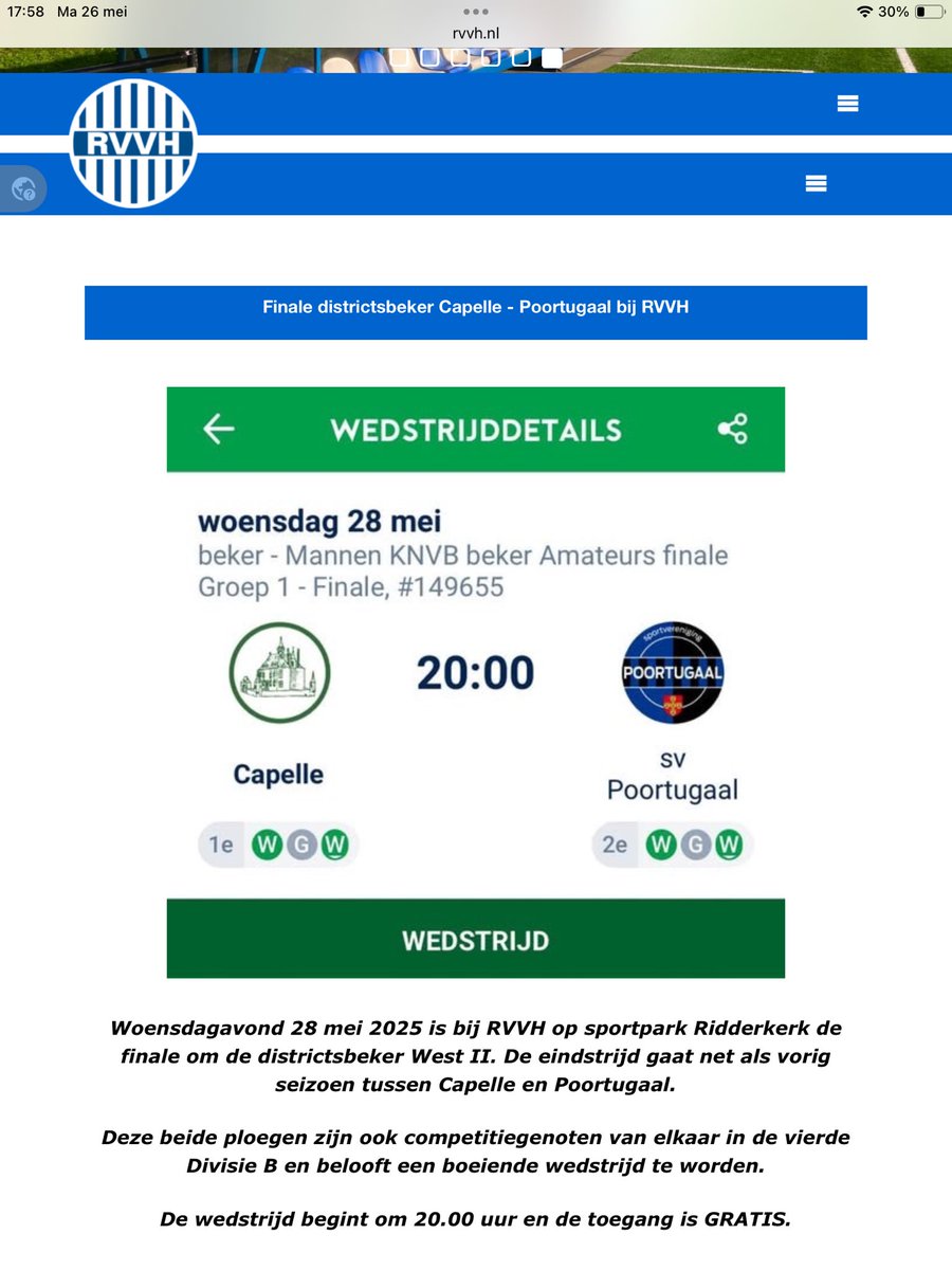 Woensdagavond 28 mei om 20.00 uur is bij RVVH de #finale om de #districtsbeker West II tussen Capelle en Poortugaal. De toegang is gratis! 
rvvh.nl/finale-distric…