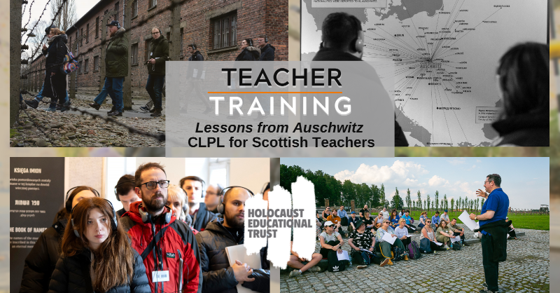 HolocaustUK's tweet photo. Educators in Scotland! Join us in Glasgow on Sunday 22 June for a free #LessonsfromAuschwitz CLPL workshop. This day-long workshop will connect you with organisations committed to Holocaust pedagogy -  and provide you with free printed materials to use in your classrooms. https://t.co/lLVU2M3JQs