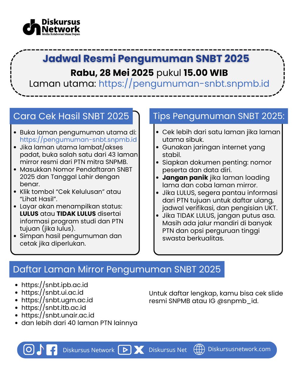 DiskursusNet's tweet image. Tips:
- Cek pas 15.00 WIB
- Pastiin internet kenceng
- Kalem aja
Apa pun hasilnya, kamu keren karena udah berjuang sejauh ini.
#SNBT2025 #UTBK2025 #PengumumanSNBT #pejuangptn