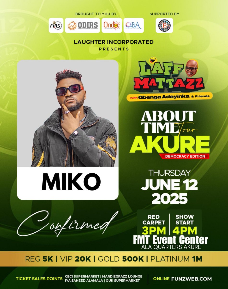 Àkúré! #Laffmattazz 
BASH | HOT DJ KHODED | MITO | LEKZIDO
Date: June 12
Venue: FMT EVENTS CENTER ALA QUARTERS
⏰ Red Carpet: 3PM | Show Starts: 4PM

Tickets 👉 FUNZWEB.com

Powered by: FIRS | ODIR l Eleganza 

Oma Loud 🔊

#LaffmattazzAKURE2025 #ATTOURAKURE25