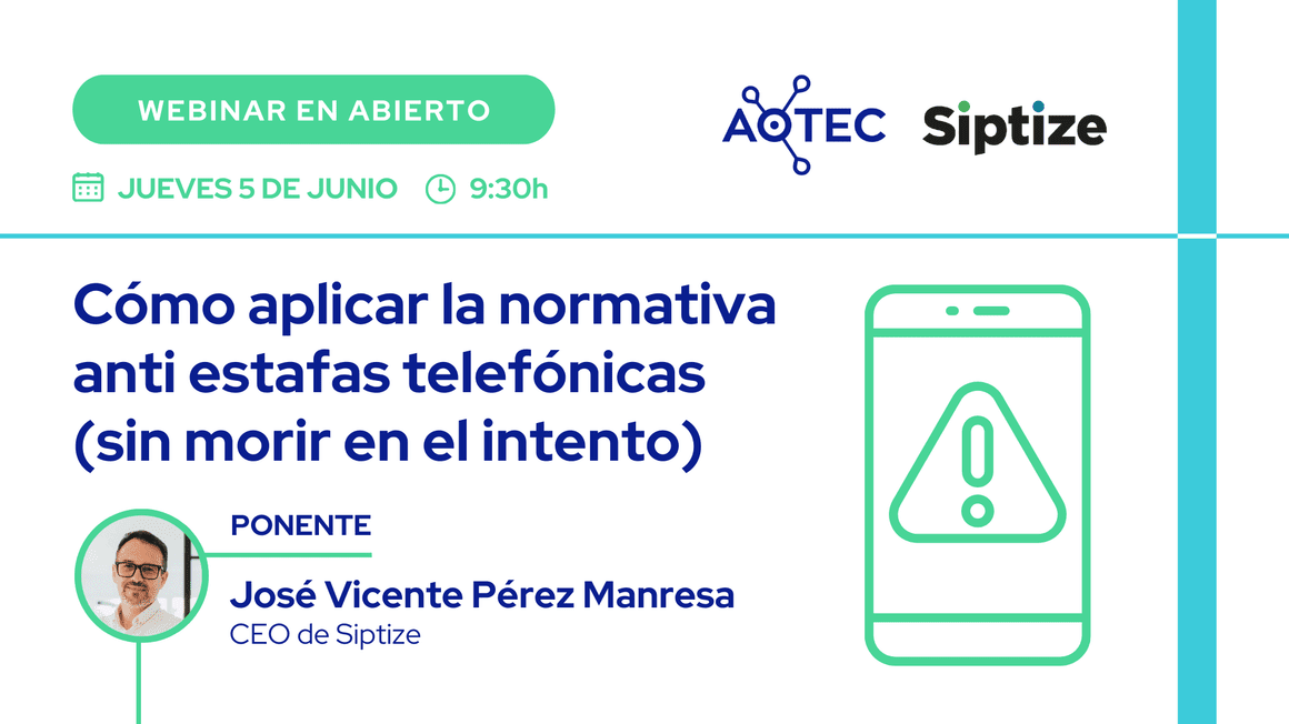 siptize's tweet photo. #Webinar @aotec_es ➕@Siptize #StopEstafas
🗓 Jueves, 5 de junio
Con la entrada en vigor de la normativa anti estafas, ofreceremos un análisis de los artículos de interés para el sector #telco.
📢 Inscríbete: https://t.co/knd3bHA8GJ https://t.co/BaXvPbMOOG