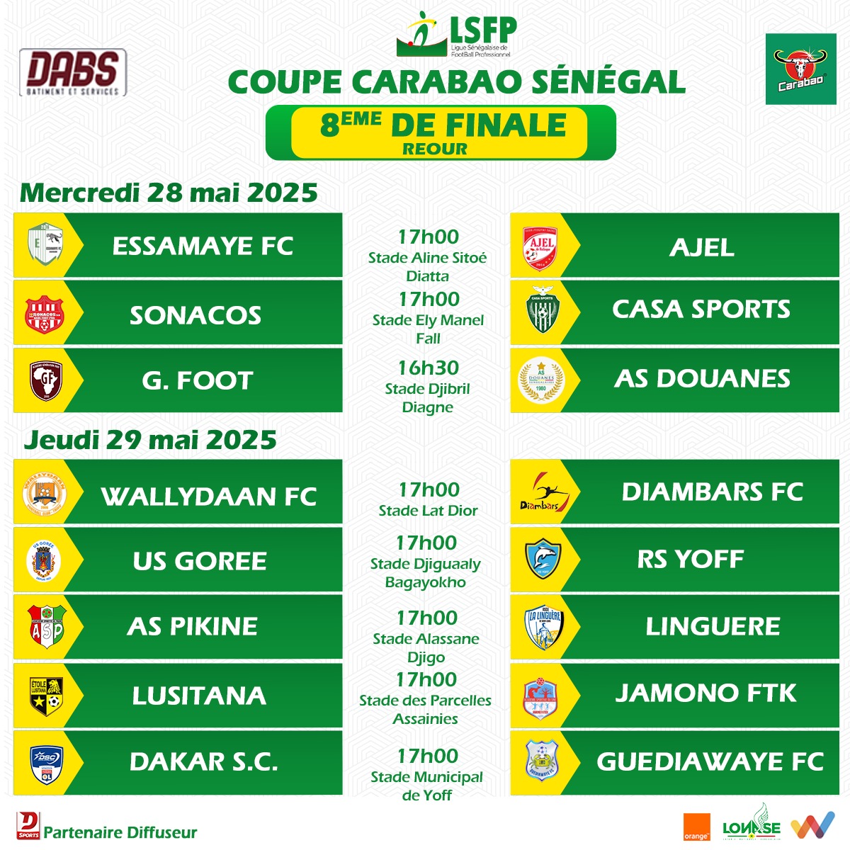 LSFP_sn's tweet photo. 🗓️ Les 8es de finale retour de la Coupe Carabao U20 sont là !
Qui décrochera son ticket pour les quarts ? Suspense garanti sur tous les terrains !

 Balancez vos pronos en commentaires !

#CoupeCarabaoSénégal
#CDL_LSFP #LSFP # https://t.co/ur9gadz7kO
